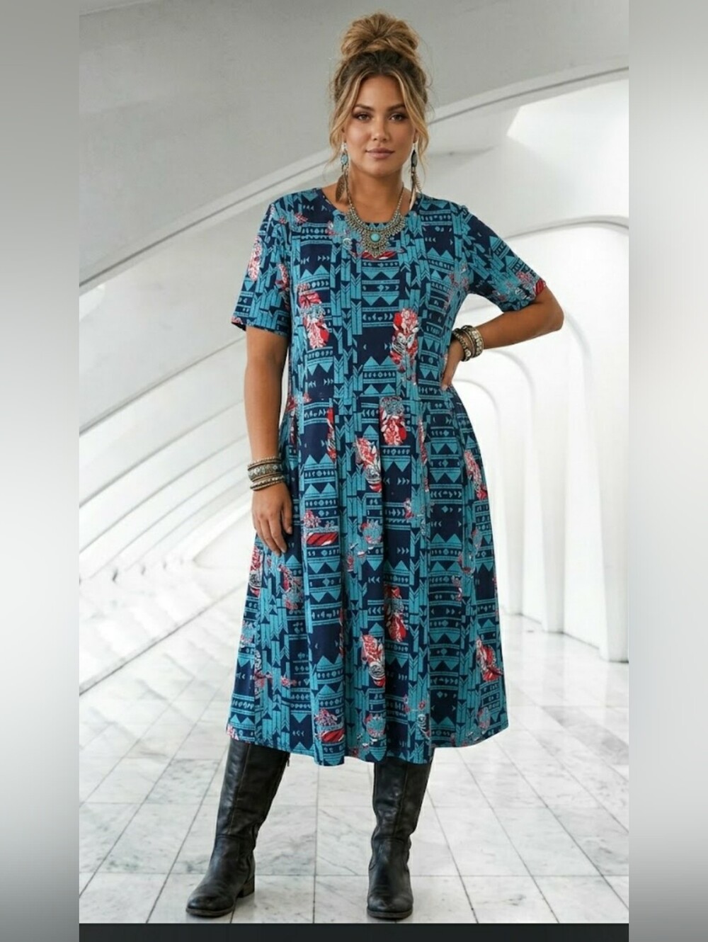 Boho Floral Turquoise Midi Dress Southwestern Fit Flare Soft Stretch Festival 3X